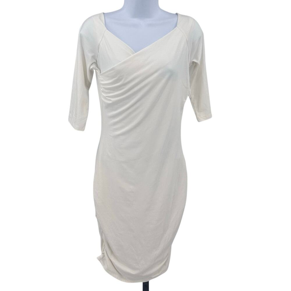 Victoria Secret Bodycon Dress Cream Womens S 3/4 Sleeve Ruched Cocktail Formal